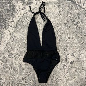 Black bathing suit; mesh center; plunging front top and no back (see pics)